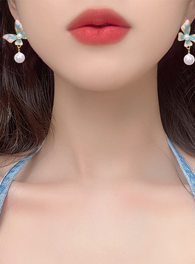粉蓝色蝴蝶珍珠耳环女温柔淑女