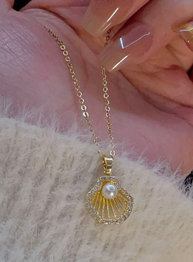 微镶锆石贝壳珍珠项链女夏季
