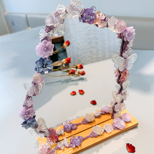 玫瑰花化妆镜手工diy制作奶油胶材料包镜子儿童礼物珍珠配件树脂 - 图0