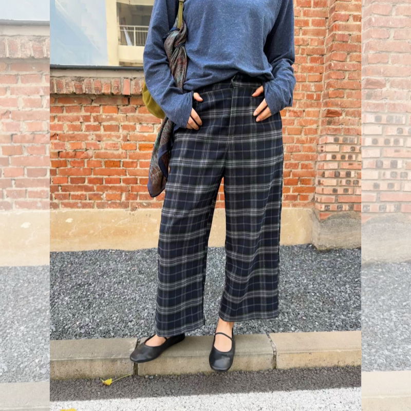 ACRAB 秋季英伦复古蓝色格纹毛呢九分阔腿高腰直筒裤休闲裤长裤女,淘宝优惠券,粉丝福利购,淘宝优惠卷
