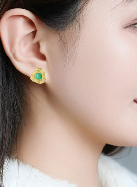 6MM东陵玉锆石耳钉女绿玉髓耳环宝石翡翠珠宝耳饰