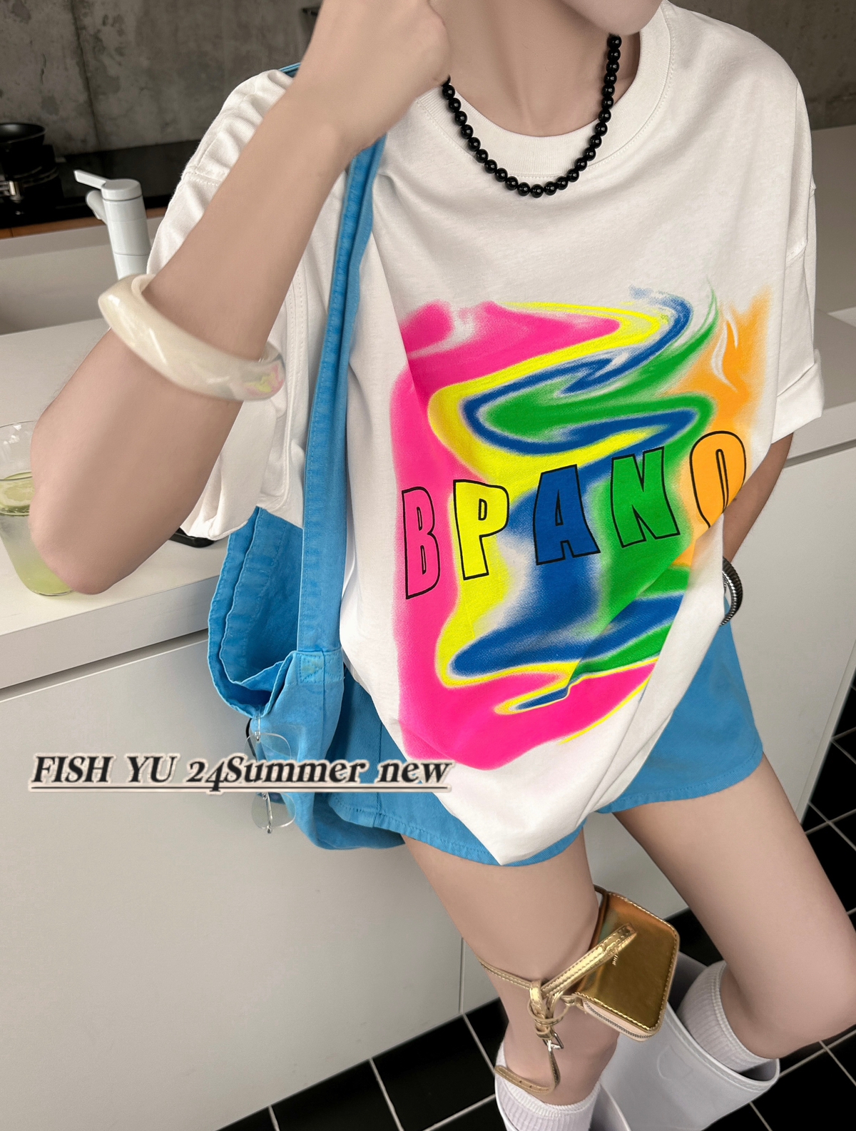 【 FISH YU 】纯棉少女潮流美式彩色字母晕染印花宽松短袖T恤上衣 - 图3