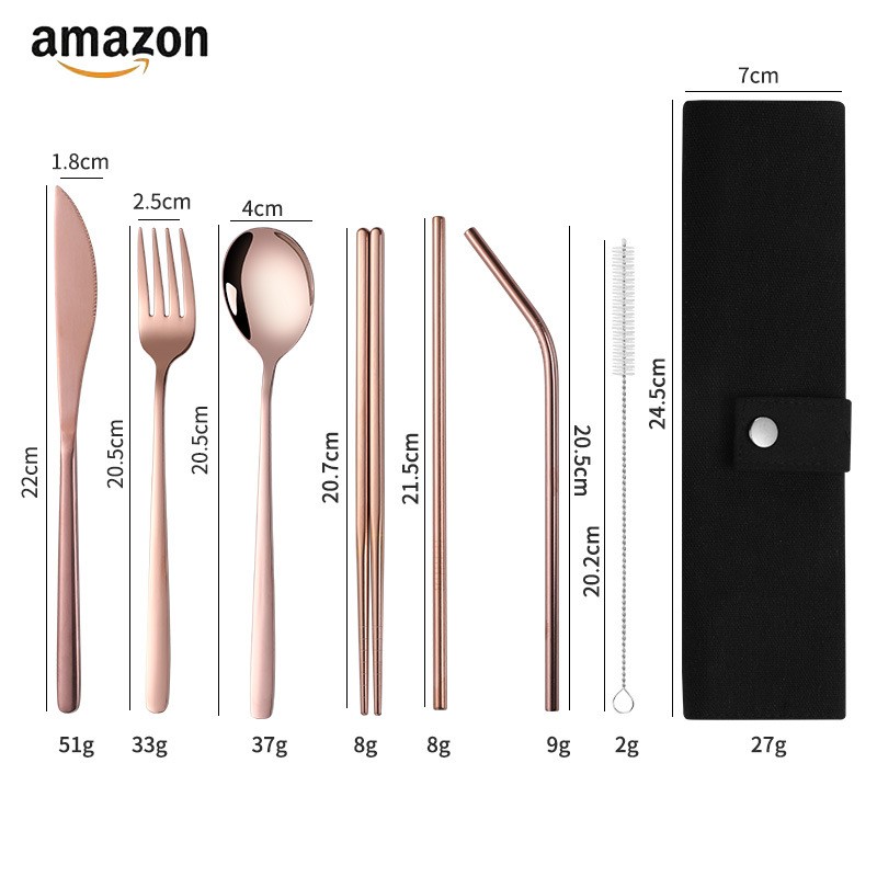 304不锈钢筷子刀叉勺套装户外露营旅行野营便携布袋餐具套装7件套