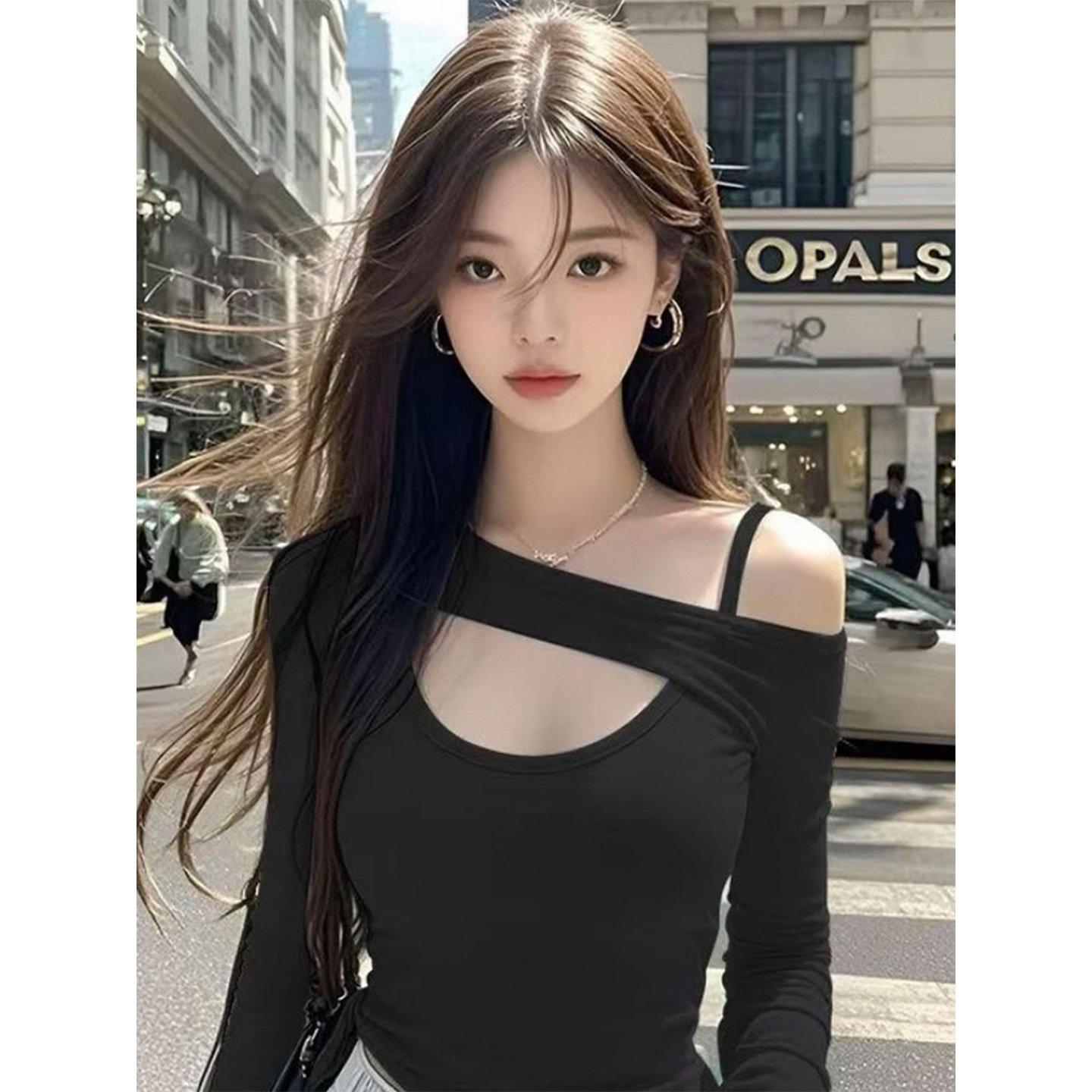 纯欲性感镂空斜露肩长袖上衣女秋冬新款辣妹气质吊带独特长袖t恤,淘宝优惠券,粉丝福利购,淘宝优惠卷