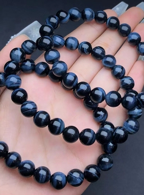 天然蓝虎眼石闪电纹圆珠单圈手链手串男女款饰品礼物猫眼效应