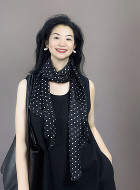 「赫本风黑色波点」100%真丝乔其纱丝巾女春夏气质桑蚕丝丝小围巾