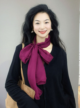 独特迷人！玫瑰紫色长条真丝丝巾女系脖2026新款高级感100%桑蚕丝