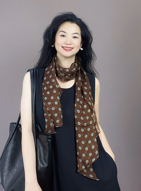 焦糖色波点100%真丝乔其纱丝巾女春夏季薄款长条护颈桑蚕丝小围巾