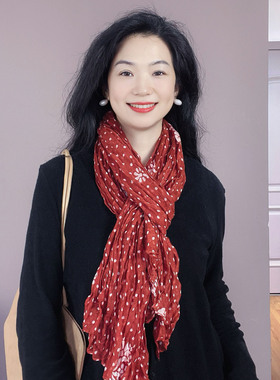 文艺复古！红色波点褶皱棉麻围巾女2026新款春秋薄款护颈长条围脖