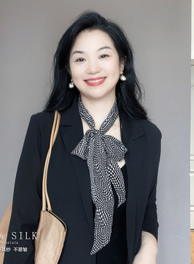 黑白千鸟格乔其纱真丝丝巾桑蚕丝长条系脖高级感护颈领巾飘带围巾