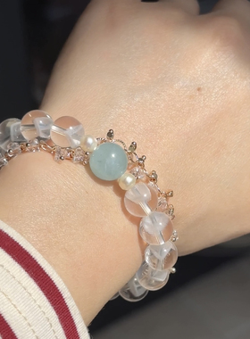 石头的日记  稀有高品质天然白幽灵水晶配海蓝宝珍珠绿萤石手串