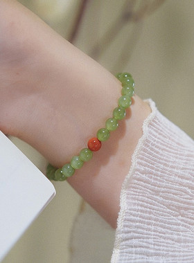 天然果绿和田碧玉手链男女生款南红手串原创设计礼物时尚简约大气