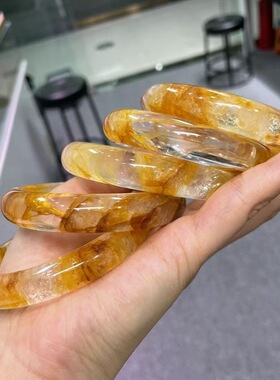 天然原石打磨黄胶花水晶黄色手镯透矿物质多多异象幽灵巴西锦鲤