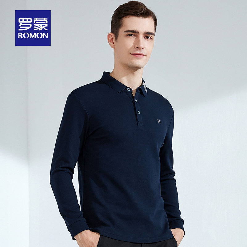 罗蒙官方旗舰店罗蒙纯棉长袖t恤男年秋季中青年男士T恤打底衫休闲百搭POLO衫0