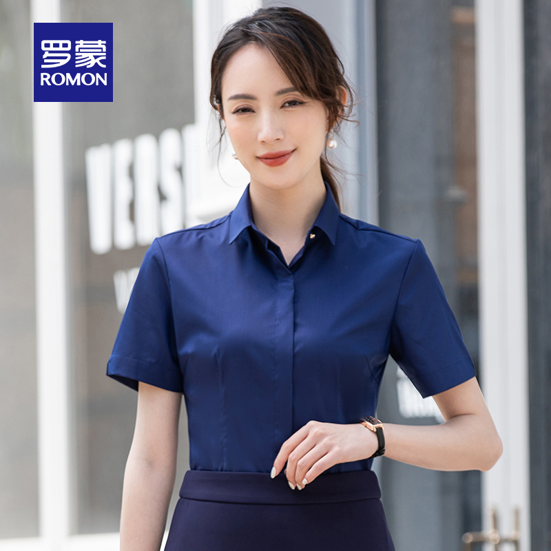 罗蒙官方旗舰店罗蒙女士短袖衬衫夏季薄款商务职业正装显瘦百搭纯色修身工装衬衣2