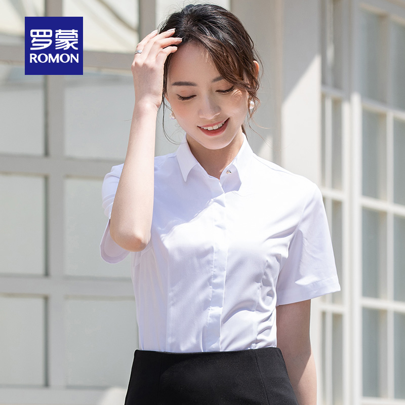 罗蒙官方旗舰店罗蒙女士短袖衬衫夏季薄款商务职业正装显瘦百搭纯色修身工装衬衣0