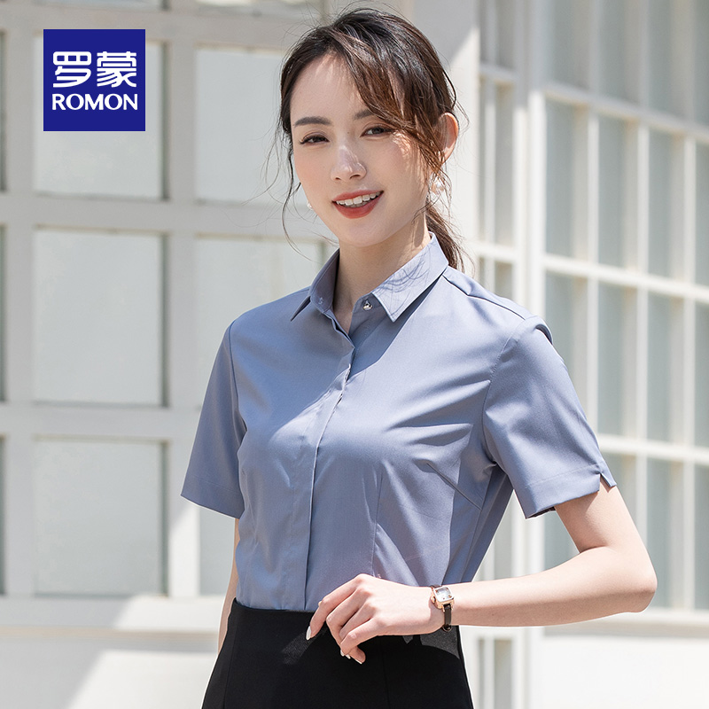 罗蒙官方旗舰店罗蒙女士短袖衬衫夏季薄款商务职业正装显瘦百搭纯色修身工装衬衣3