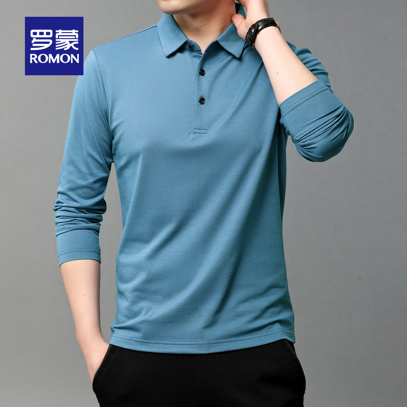 罗蒙官方旗舰店罗蒙长袖T恤衫男秋季新款中青年商务休闲含桑蚕丝翻领POLO衫1