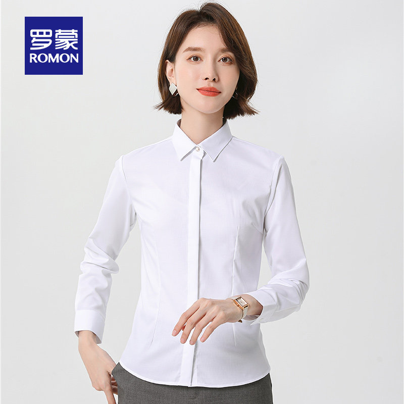 罗蒙女士长袖衬衫2024春季简约修身简约职业上衣商务休闲百搭衬衣_虎窝淘