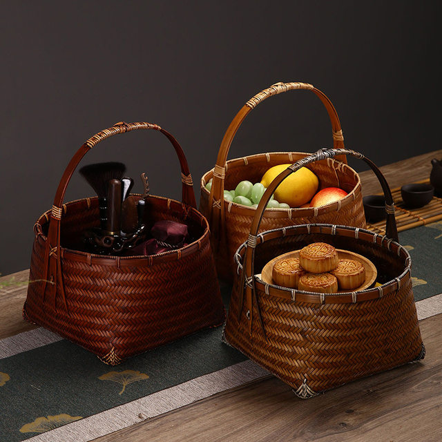 Retro bamboo weaving handbasket tea set fruit storage basket