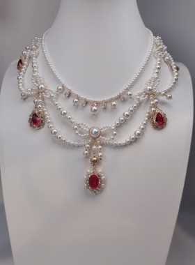 一梦星河/原创汉服配饰lo手作项链红色复古礼服珍珠项链闺蜜礼物