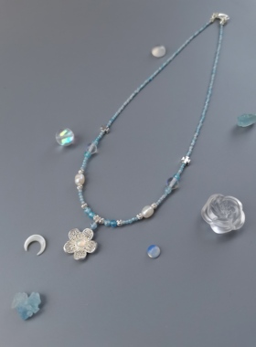 原创复古水蓝色银色项链时尚国风首饰锆石珍珠璎珞