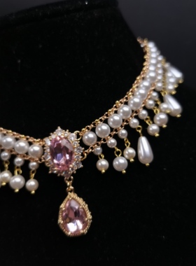 一梦星河/原创设计复古风粉色水滴流苏珍珠项链异域风礼服项链