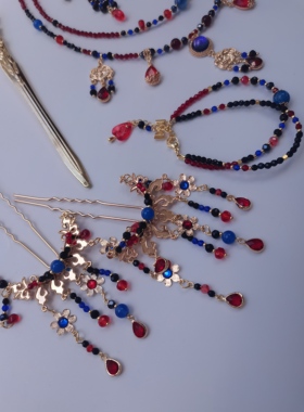 一梦星河/原创红蓝敦煌新中式复古宫廷风项链女耳环剑簪手链套装