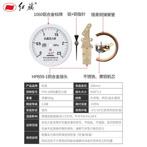 红旗牌YTN-100径向耐震压力表 负压真空水油液气压1.6精度M20接头 - 图1