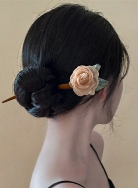 紫色玫瑰花木簪夏季发簪网纱花朵