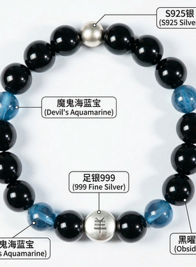 火马年六合银小羊蓝宝黑曜石手串