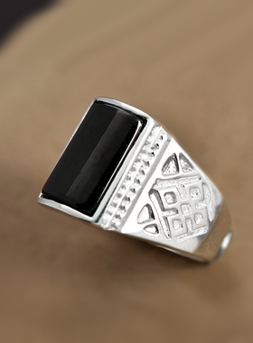 纯银戒指男方形天然黑玛瑙时尚霸气个性简约镶钻复古开口大气送礼