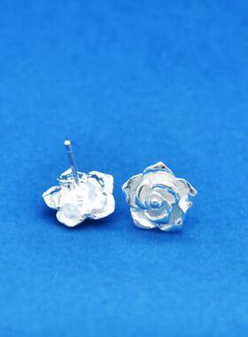 耳钉999纯银民族风玫瑰花朵弯钩