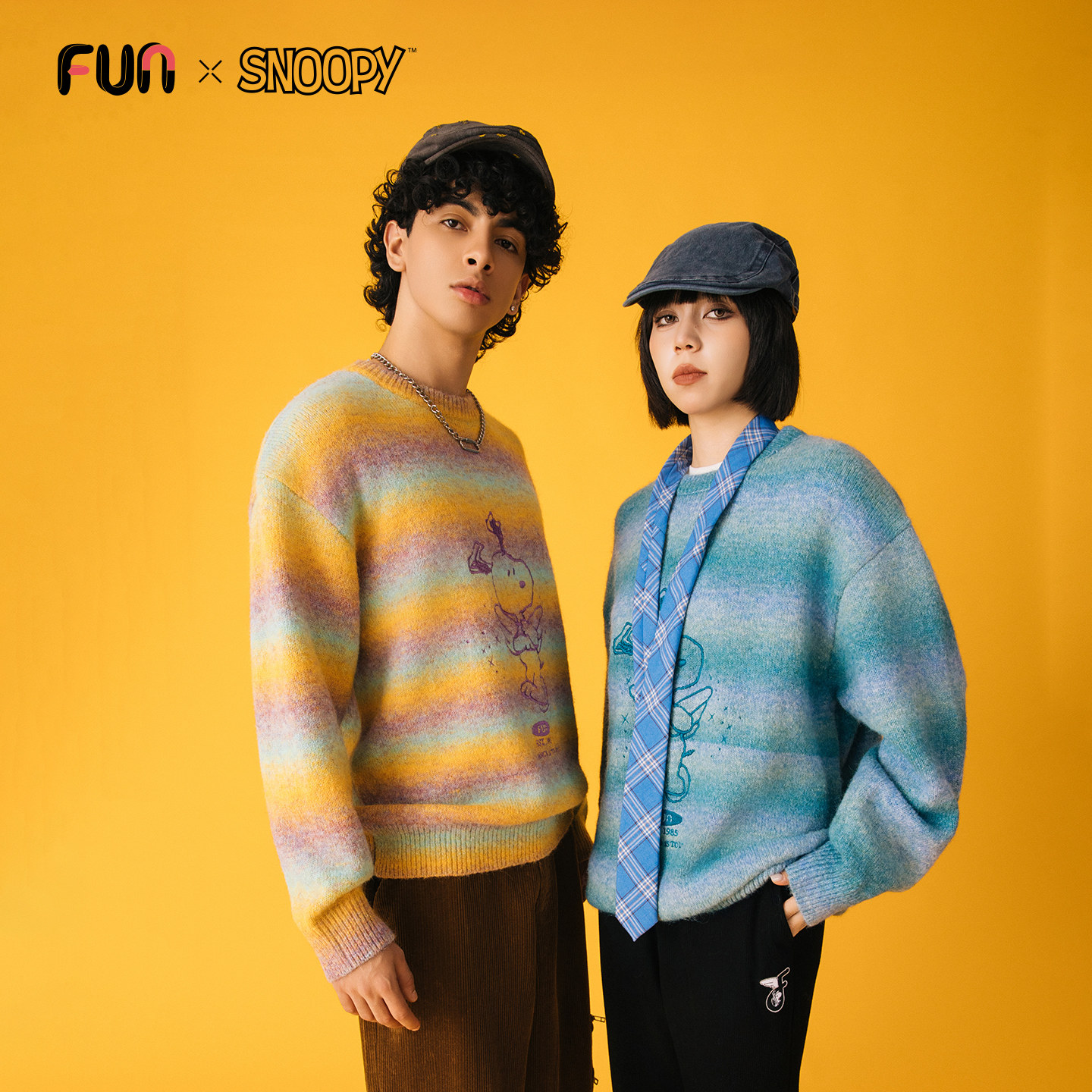 Fun2025秋冬季史努比联名绵羊毛渐变条纹宽松套头毛衣男女同款 - 图0