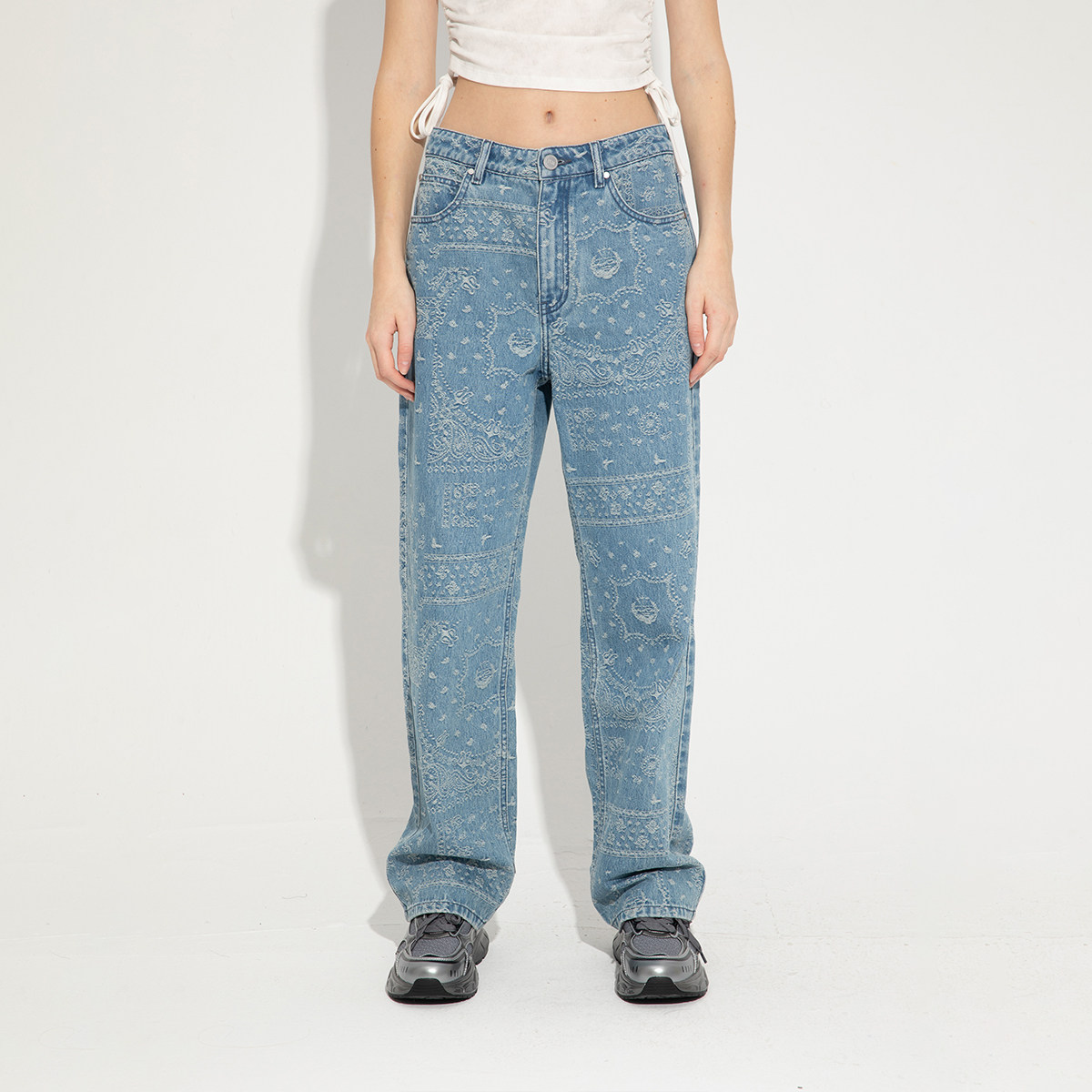 Fun2025春夏线下商场同款腰果花满印老花提织牛仔牛仔长裤直筒裤,淘宝优惠券,粉丝福利购,淘宝优惠卷