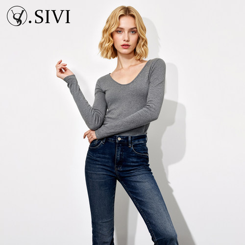 熙薇2025冬季新款法式U领暖氧珍珠绒螺纹保暖衣H6237 - 图1