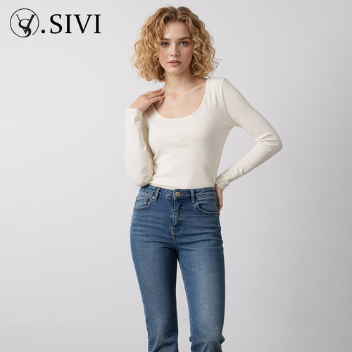 熙薇2025冬季新款法式U领暖氧珍珠绒螺纹保暖衣H6237 - 图3