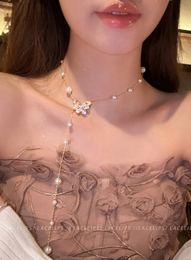 蝶落星河~蝴蝶珍珠项链女