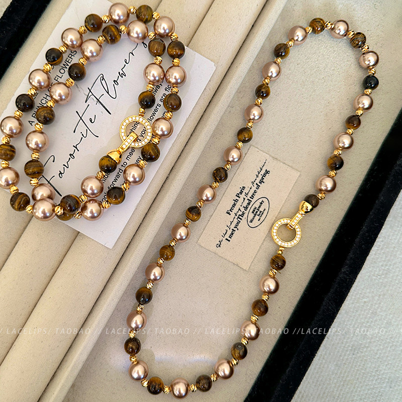摩卡金棕~项链女款虎眼石珍珠毛衣链2026新款轻奢颈链高级感配饰,淘宝优惠券,粉丝福利购,淘宝优惠卷