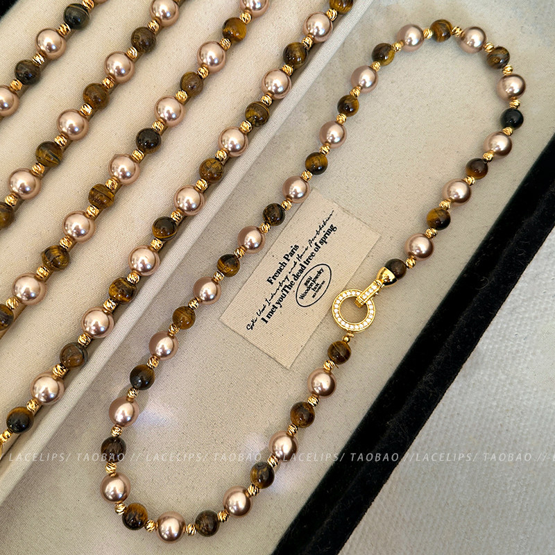 摩卡金棕~项链女款虎眼石珍珠毛衣链2026新款轻奢颈链高级感配饰,淘宝优惠券,粉丝福利购,淘宝优惠卷