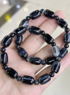 经典黑色缠丝玛瑙手串桶珠款
