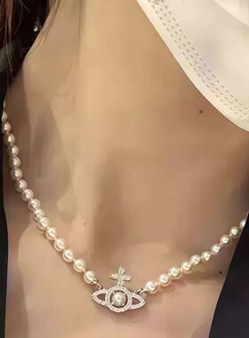 西太后十字珍珠满钻锁骨链