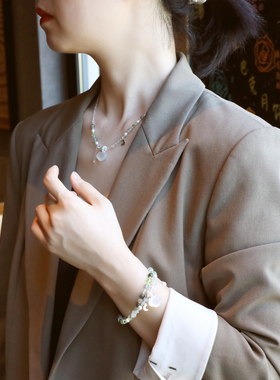 ZOXI新中式古风珍珠天然石绿发晶项链吉祥如意挂坠S925银锁骨链女