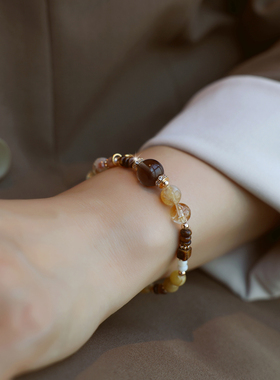 ZOXI茶晶虎眼石珍珠手链叠戴礼物