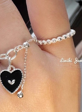 925纯银韩版黑色爱心滴油戒指女