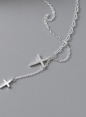 S925纯银镶钻十字架锁骨链甜酷风