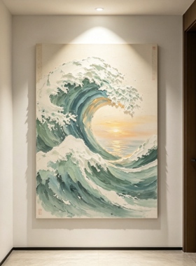 原创手绘大芬村手绘油画海浪风景玄关装饰画中古风带框挂画山水画