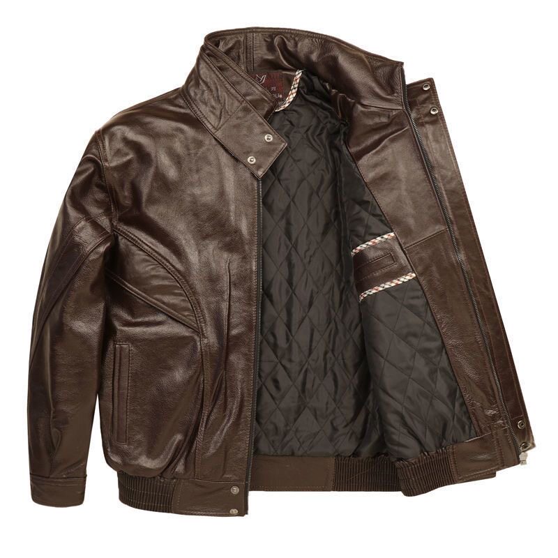 真皮皮衣男士牛皮中老年加棉宽松立领摩托车头层冬季飞行员皮夹克,淘宝优惠券,粉丝福利购,淘宝优惠卷