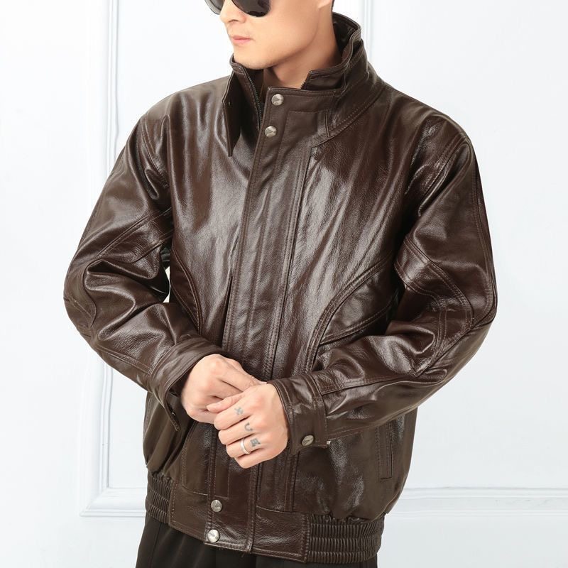 真皮皮衣男士牛皮中老年加棉宽松立领摩托车头层冬季飞行员皮夹克,淘宝优惠券,粉丝福利购,淘宝优惠卷