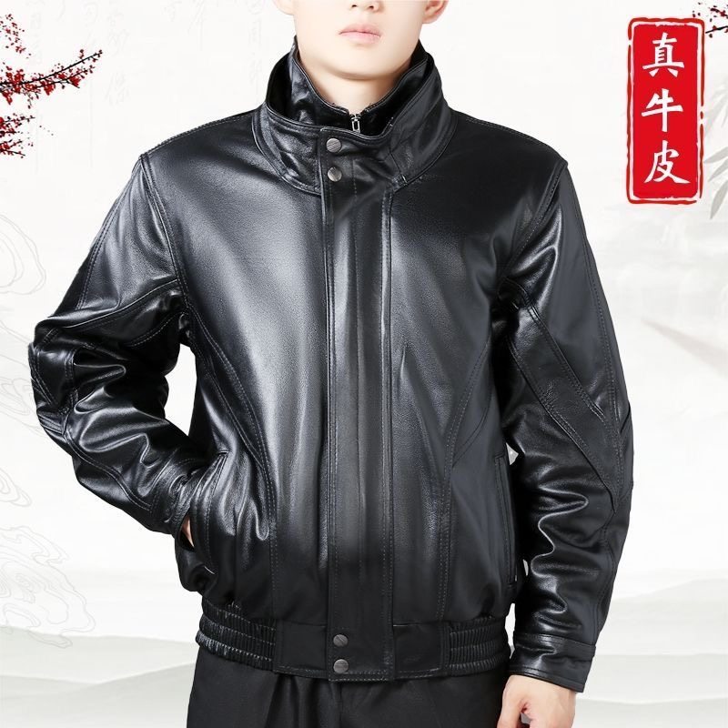 真皮皮衣男士牛皮中老年加棉宽松立领摩托车头层冬季飞行员皮夹克,淘宝优惠券,粉丝福利购,淘宝优惠卷